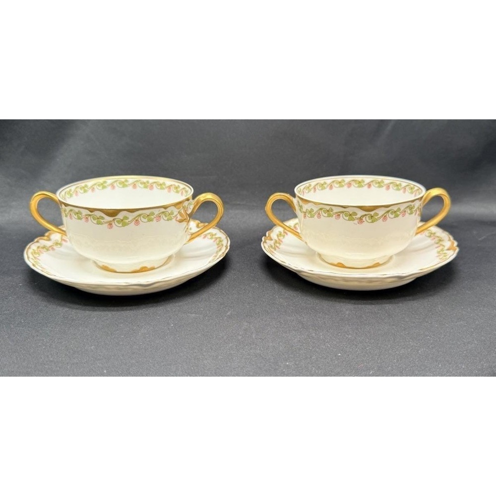 Haviland Limoges Gold Clover Schleiger 98/113 Pair of Bouillon Cups & Saucers